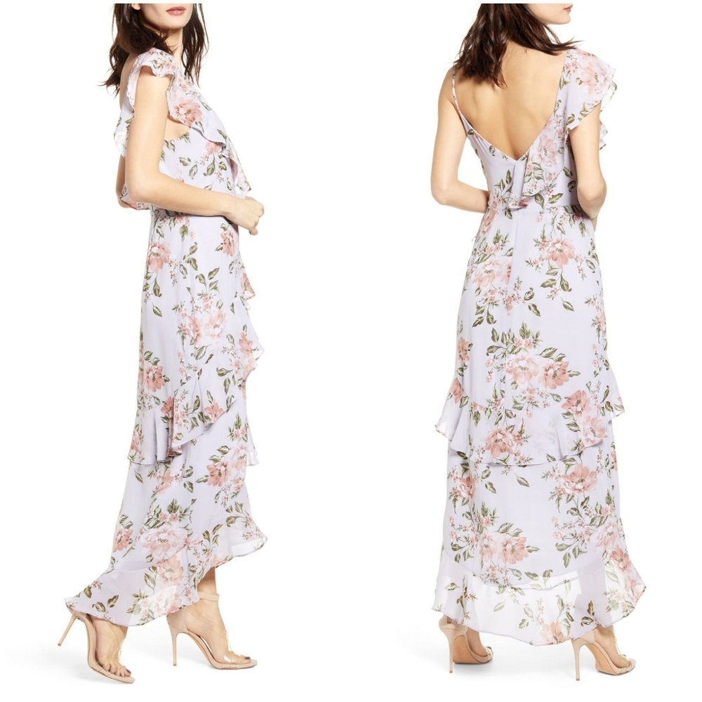 NWT WAYF Floral Tiered Ruffle Asymmetrical Dress